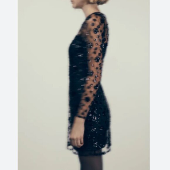 ZARA WOMEN BLACK LONG SLEEVES SEQUIN DRESS SIZE XS NWT - Picture 3 of 6